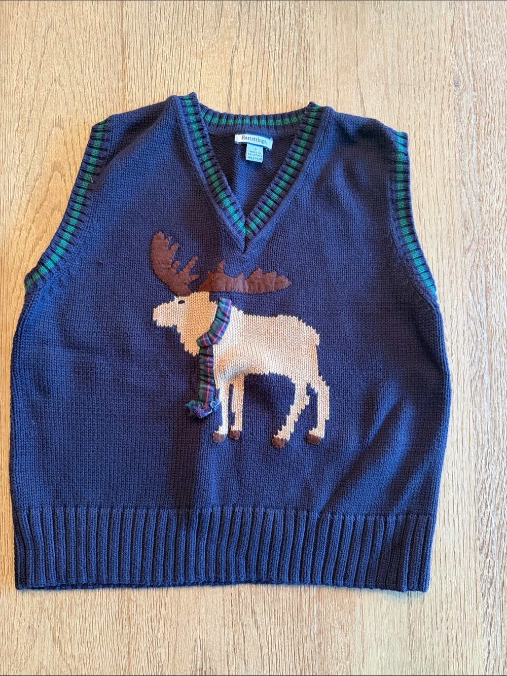 Hartstrings Navy Sweater Vest with Moose Intarsia and Green Trim